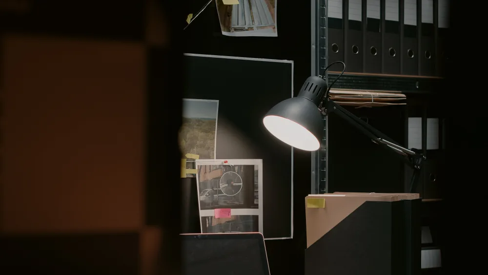 Stolná lampa osvetľujúca vyšetrovaciu tabuľu s fotografiami a zakladače v temnej detektívnej kancelárii.