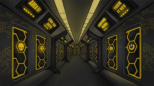 Ilustrácia futuristickej chodby vesmírnej lode s osvetlenými ovládacími panelmi a sci-fi prvkami.